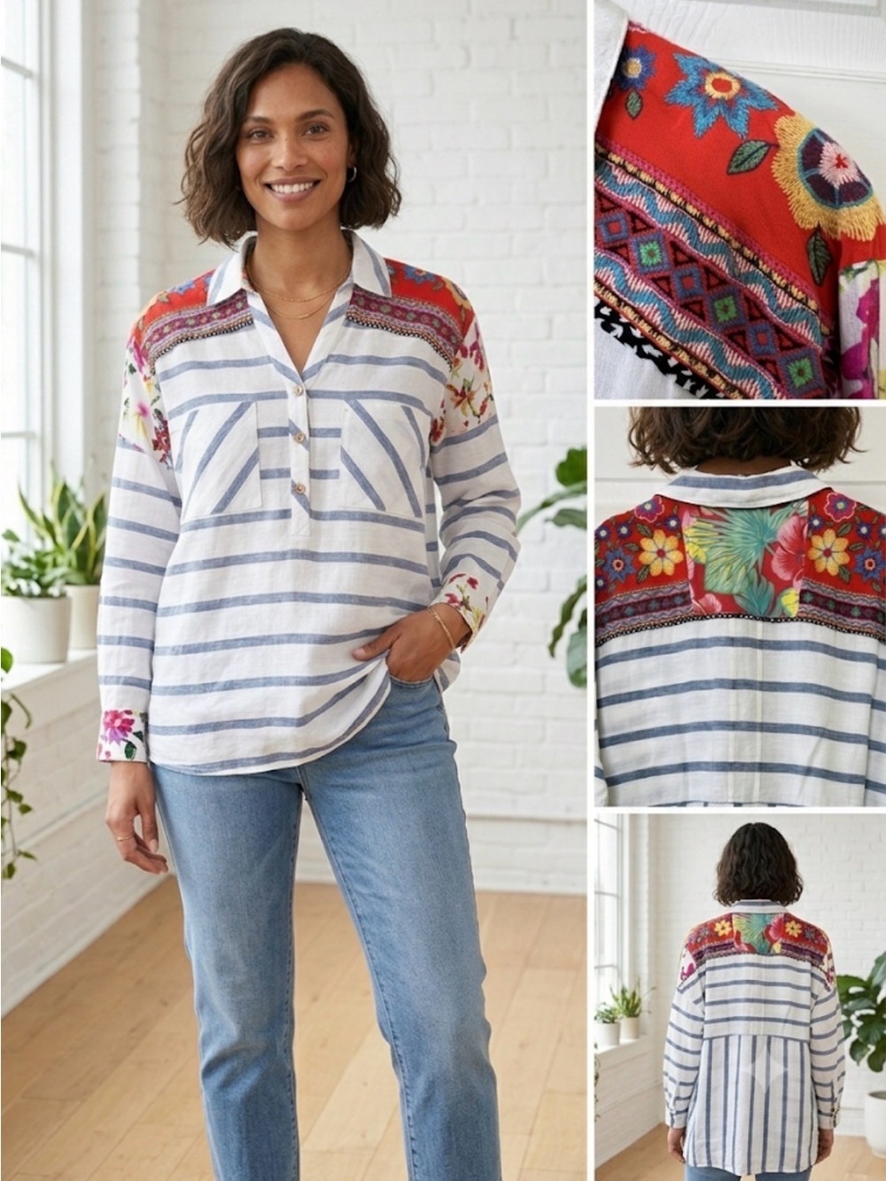 John Mark Top Blouse 100% Linen Striped Embroidered